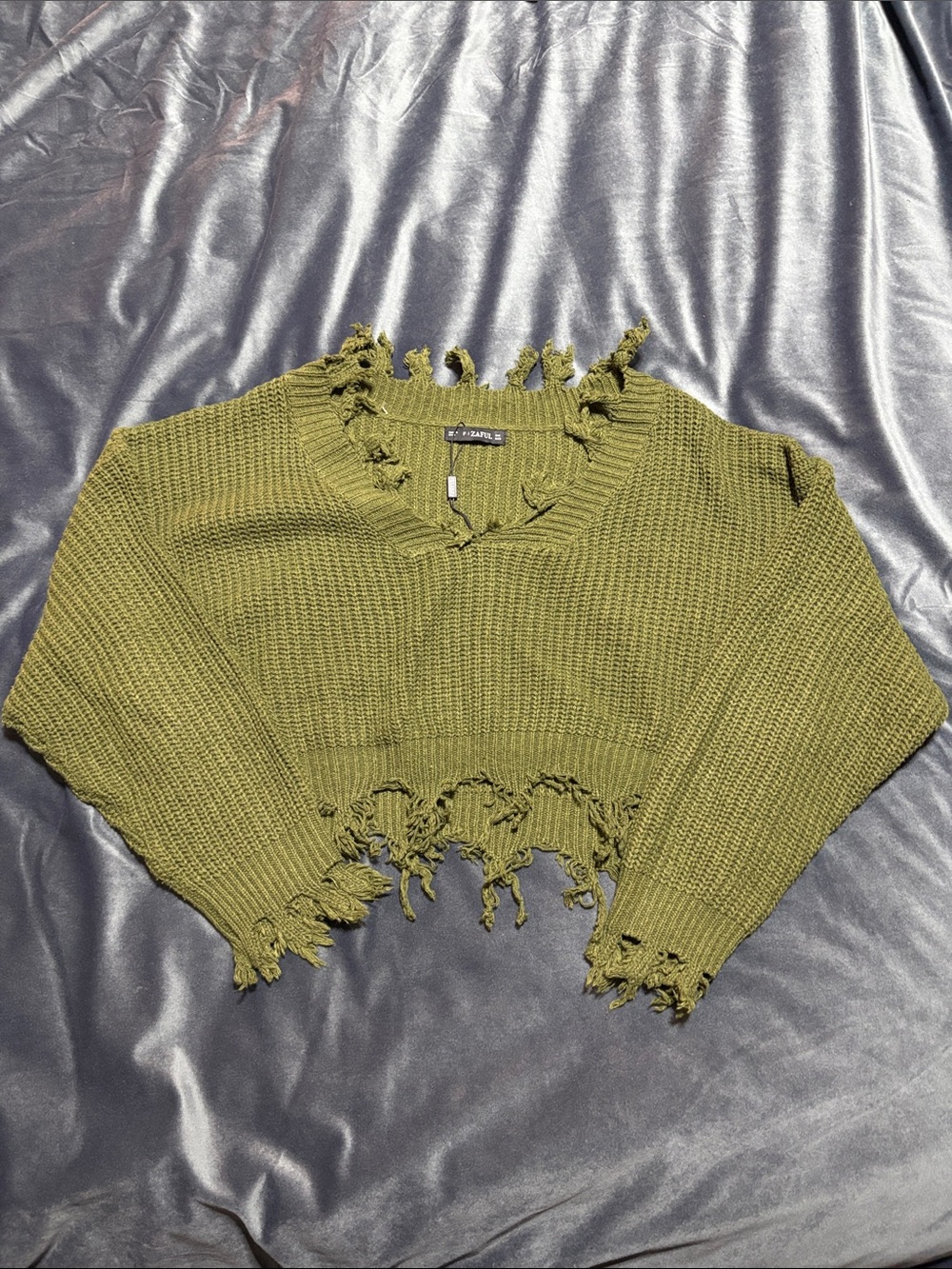 ZARA Distressed Olive Green V-Neck Cropped Sweater